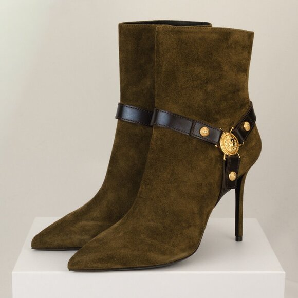 Balmain 105mm Eva Pointed Suede Leather Ankle Boot, Khaki Green, EU 40/US 10 - Picture 2 of 12